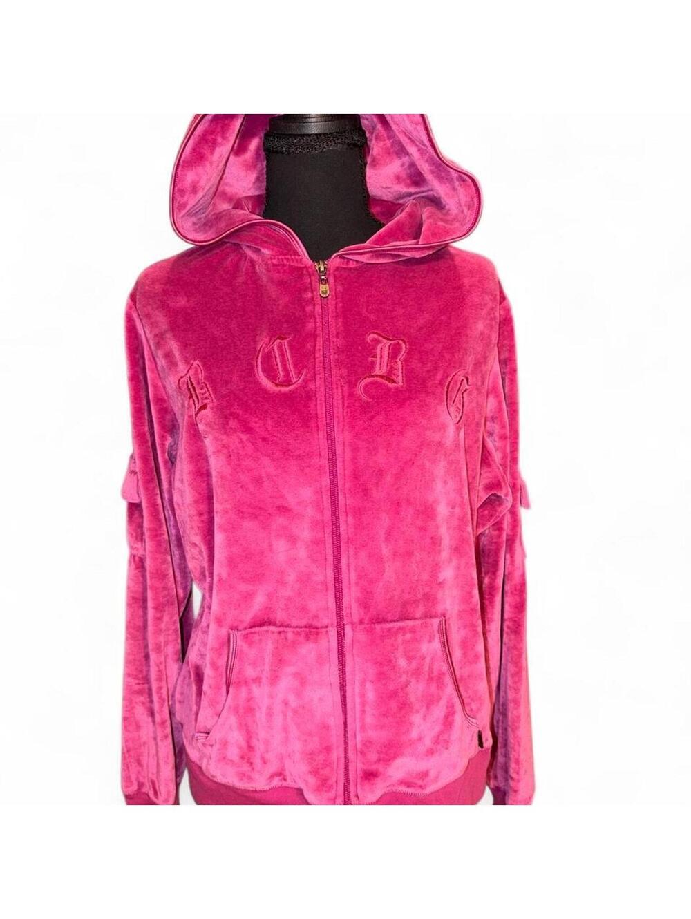 Vintage Y2K BCBGMAXAZRIA Hot Pink Velour Zip Up Hoodie Gothic Logo Plus 1X